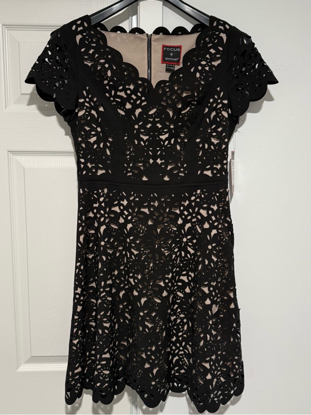 FOCUS by Shani — V-Neck Laser Cut Fit & Flare Dress in Black size 8 NWT